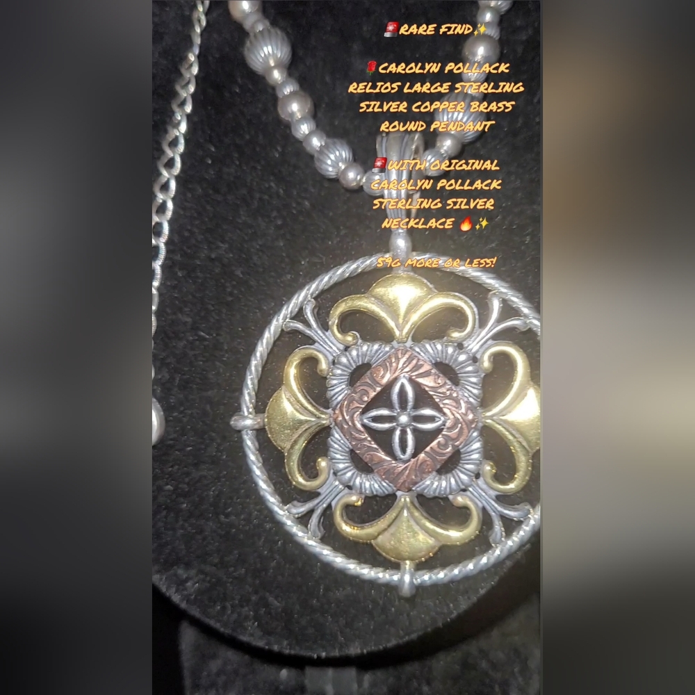 VTG CAROLYN POLLACK RELIOS STERLING SILVER COPPER BRASS  PENDANTW/CP NECKLACE